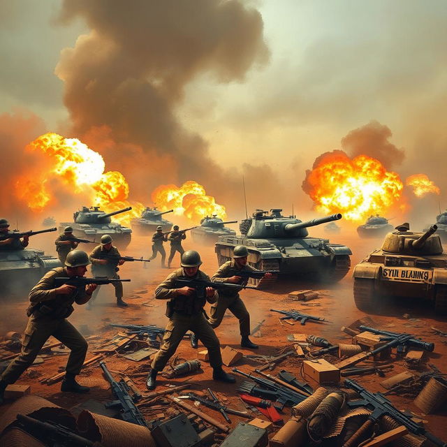 A dramatic scene depicting the Iranian war, with soldiers in combat, tanks, and explosions in the background