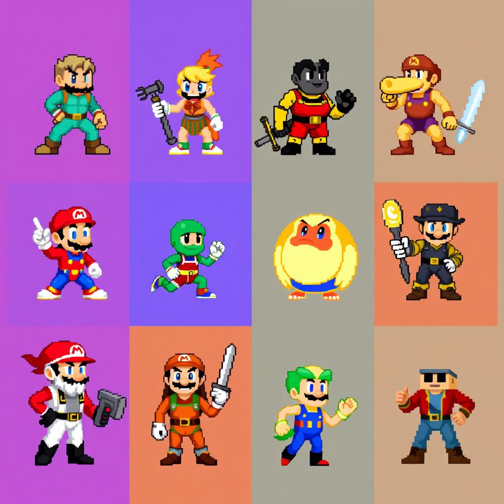 Create a set of 8-bit pixel art sprites featuring various characters in different poses and actions