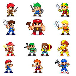 Create a set of 8-bit pixel art sprites featuring various characters in different poses and actions