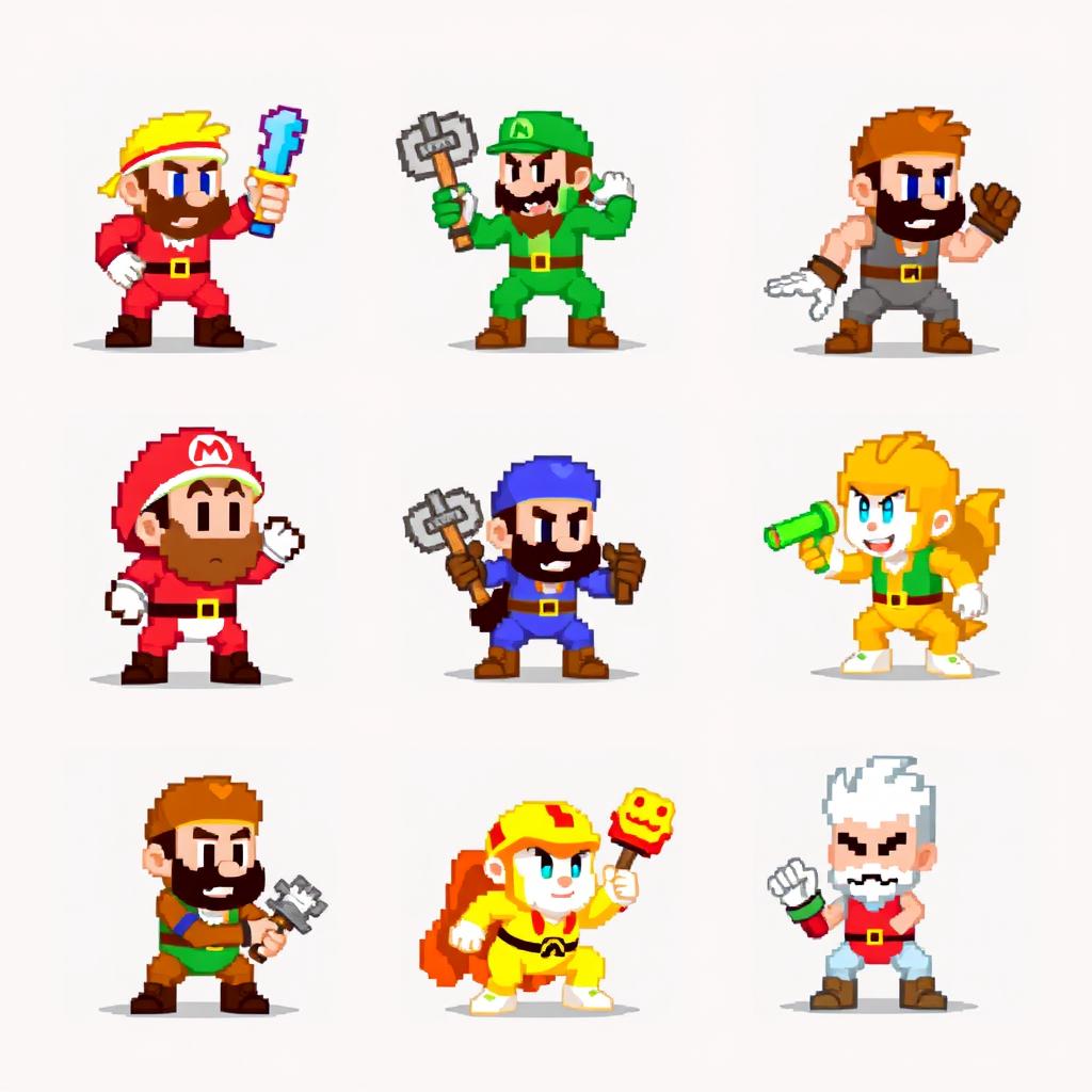 Create a set of 8-bit pixel art sprites featuring various characters in different poses and actions