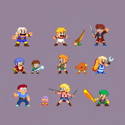 Create a set of 8-bit pixel art sprites featuring various characters in different poses and actions