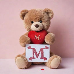 A charming Valentine's Day bear with soft fur and sparkling eyes, affectionately hugging a letter 'M' embellished with hearts.