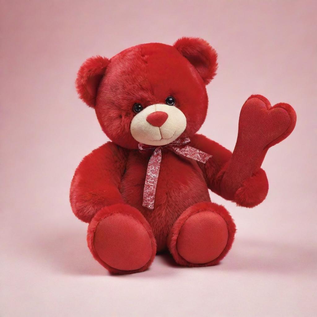 The charming Valentine's Day bear is now colored vibrant red. It still affectionately hugs the heart-embellished letter 'M'.