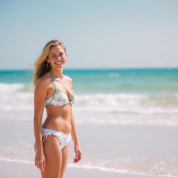 A woman wearing a bikini standing on a beach with the ocean in the background