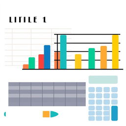 An illustration featuring a bar graph, a data table, and a calculator