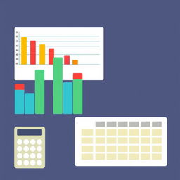 An illustration featuring a bar graph, a data table, and a calculator