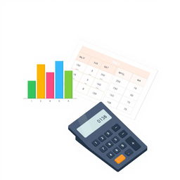 An illustration featuring a bar graph, a data table, and a calculator