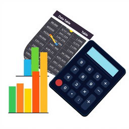 An illustration featuring a bar graph, a data table, and a calculator