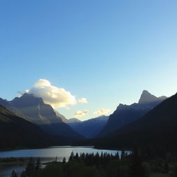 A beautiful landscape featuring a serene lake surrounded by lush green forests and majestic mountains in the background