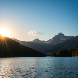 A beautiful landscape featuring a serene lake surrounded by lush green forests and majestic mountains in the background