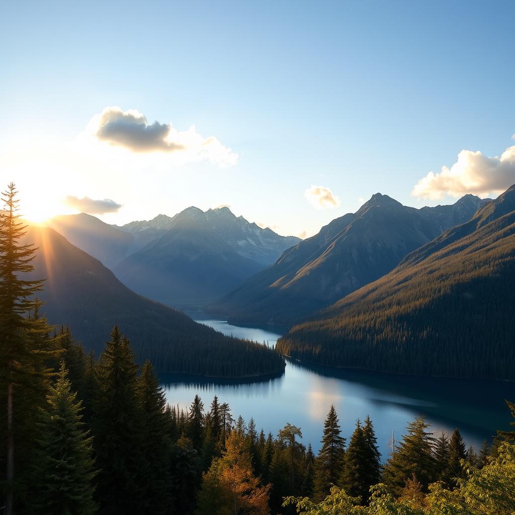 A beautiful landscape featuring a serene lake surrounded by lush green forests and majestic mountains in the background