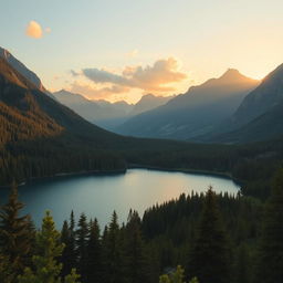 A beautiful landscape featuring a serene lake surrounded by lush green forests and majestic mountains in the background