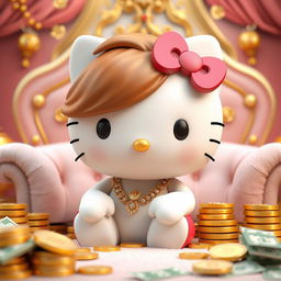 A 3D-rendered Hello Kitty character with brown hair, sitting in a luxurious setting surrounded by money