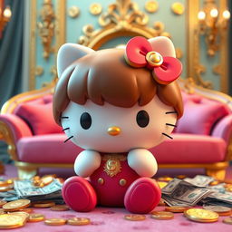 A 3D-rendered Hello Kitty character with brown hair, sitting in a luxurious setting surrounded by money