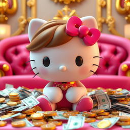 A 3D-rendered Hello Kitty character with brown hair, sitting in a luxurious setting surrounded by money