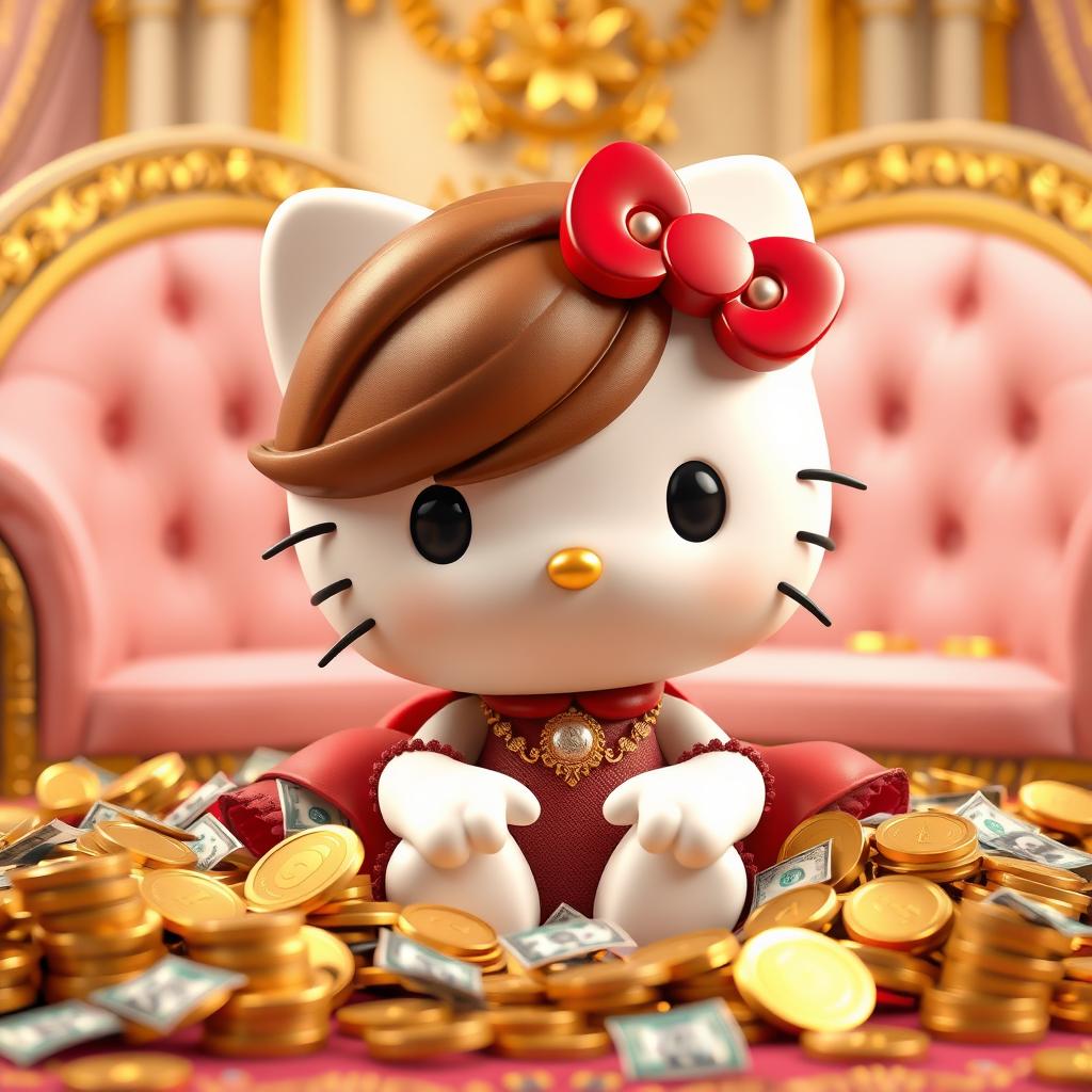 A 3D-rendered Hello Kitty character with brown hair, sitting in a luxurious setting surrounded by money