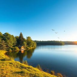 A serene landscape featuring a clear blue sky, a calm lake surrounded by lush green trees, and a small wooden cabin by the shore