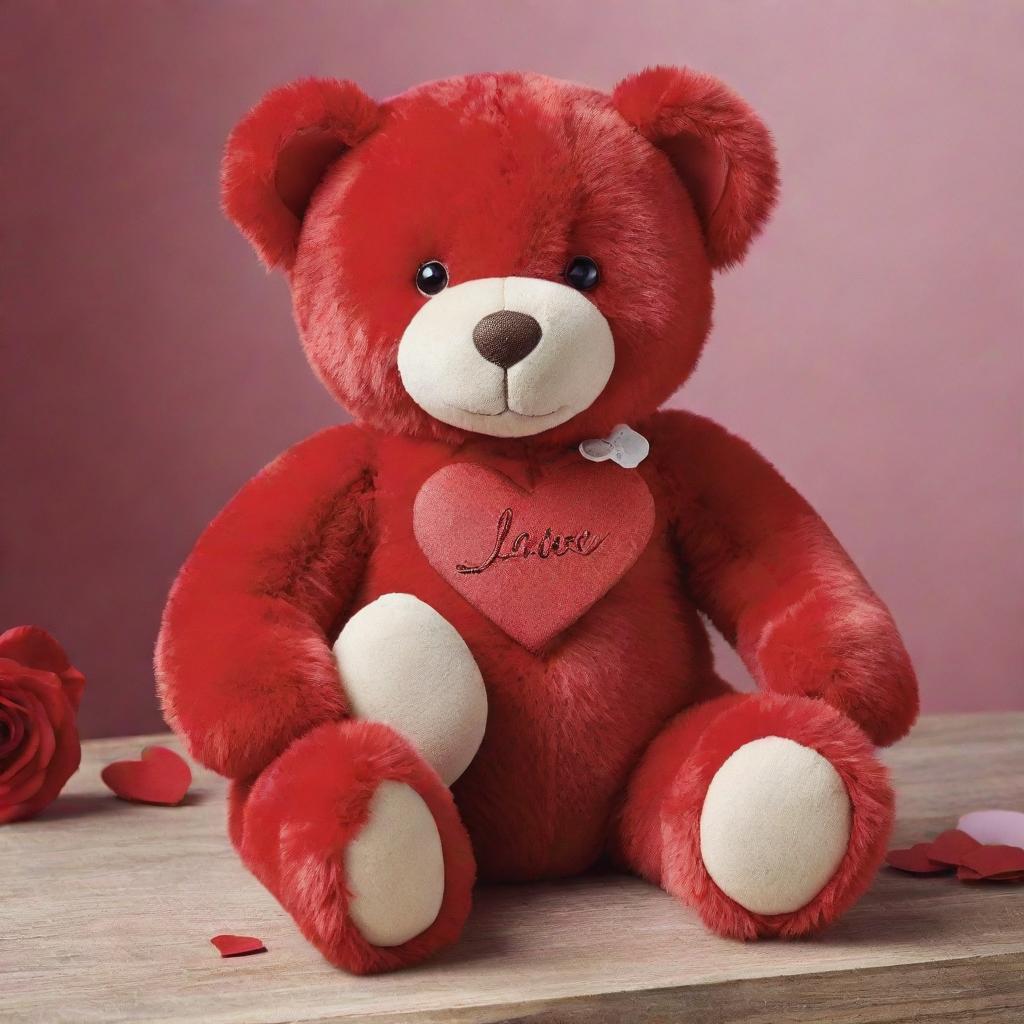 The charming Valentine's Day bear is now colored vibrant red. It still affectionately hugs the heart-embellished letter 'M'.