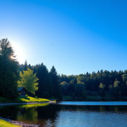 A serene landscape featuring a clear blue sky, a calm lake surrounded by lush green trees, and a small wooden cabin by the shore