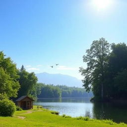 A serene landscape featuring a clear blue sky, a calm lake surrounded by lush green trees, and a small wooden cabin by the shore