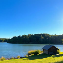 A serene landscape featuring a clear blue sky, a calm lake surrounded by lush green trees, and a small wooden cabin by the shore