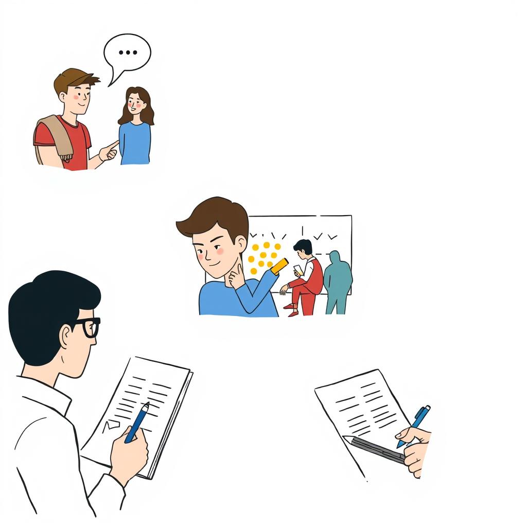 An illustration depicting a conversation, direct observation, or note-taking