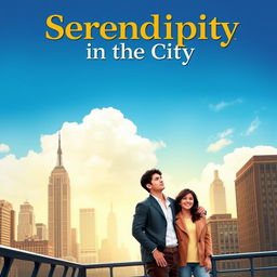 Create a vibrant and lively movie poster for 'Serendipity in the City,' a romantic comedy about Mia and Ethan, two young professionals in New York City