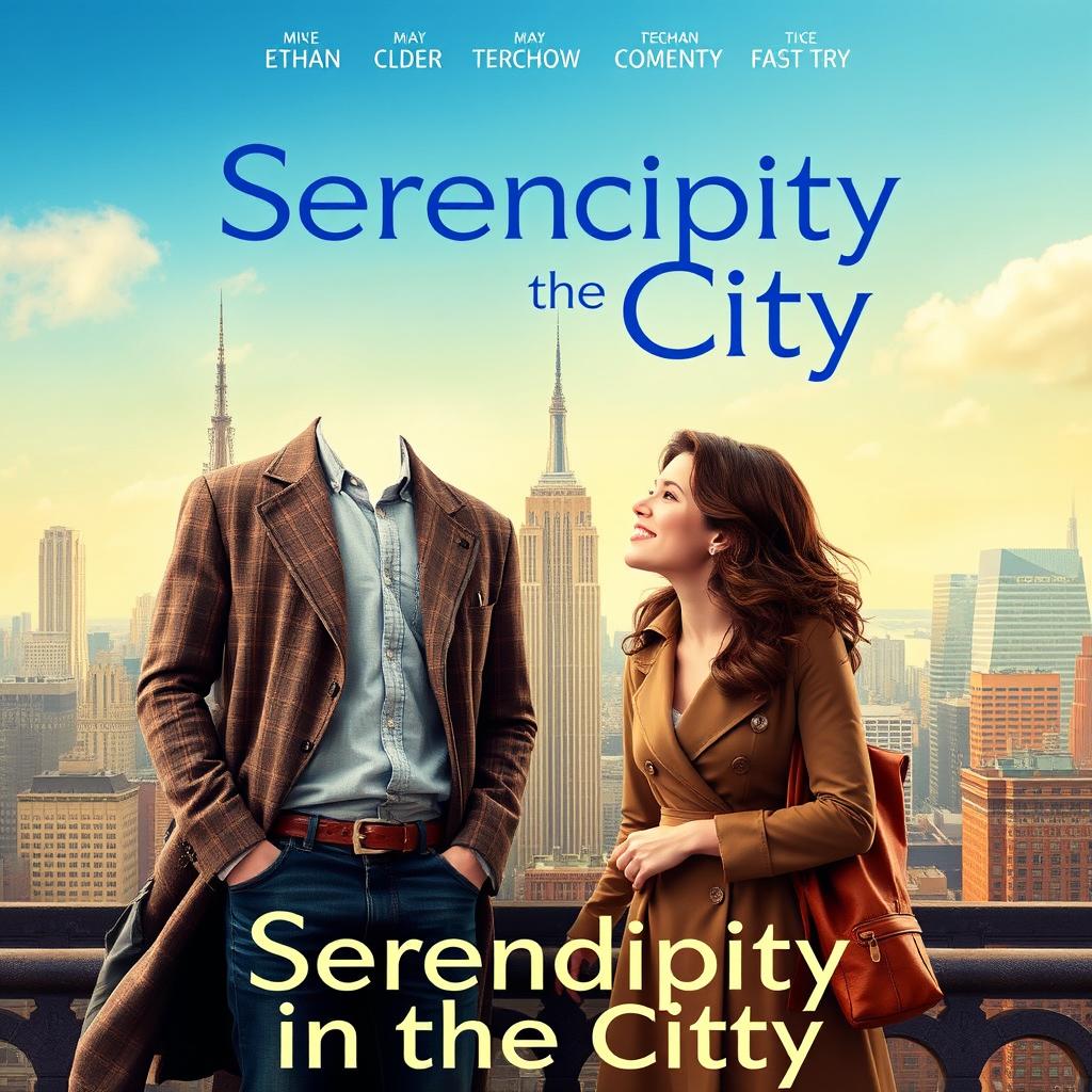 Create a vibrant and lively movie poster for 'Serendipity in the City,' a romantic comedy about Mia and Ethan, two young professionals in New York City