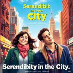 Create a vibrant and lively movie poster for 'Serendipity in the City,' a romantic comedy about Mia and Ethan, two young professionals in New York City