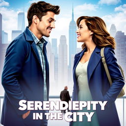 Create a vibrant and lively movie poster for 'Serendipity in the City,' a romantic comedy about Mia and Ethan, two young professionals in New York City