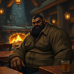 A hulking black male barbarian goliath, wearing a shirt, sitting in a warm and cozy tavern