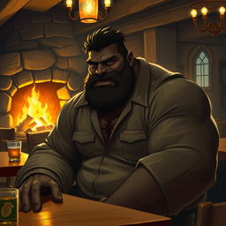 A hulking black male barbarian goliath, wearing a shirt, sitting in a warm and cozy tavern