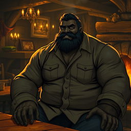 A hulking black male barbarian goliath, wearing a shirt, sitting in a warm and cozy tavern