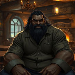 A hulking black male barbarian goliath, wearing a shirt, sitting in a warm and cozy tavern