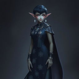 A Githyanki woman with cold olive skin, Asian white eyes, long sharp pointed ears, and short dark blue hair