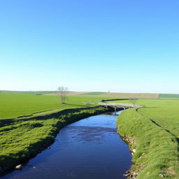 A serene landscape featuring a clear blue sky, lush green fields, and a gentle river flowing through the scene