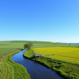 A serene landscape featuring a clear blue sky, lush green fields, and a gentle river flowing through the scene