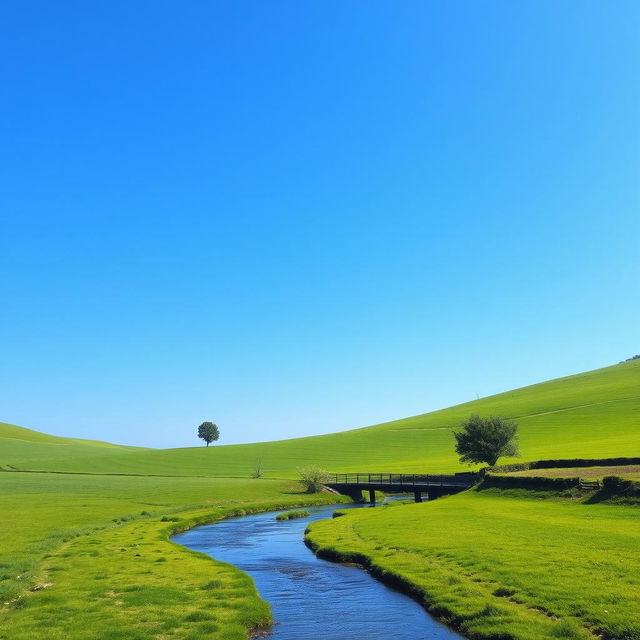 A serene landscape featuring a clear blue sky, lush green fields, and a gentle river flowing through the scene