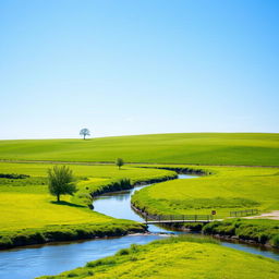 A serene landscape featuring a clear blue sky, lush green fields, and a gentle river flowing through the scene