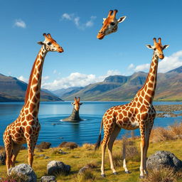 Create an imaginative scene depicting Scottish giraffes and the Loch Ness Monster, also known as Nessie