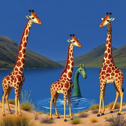 Create an imaginative scene depicting Scottish giraffes and the Loch Ness Monster, also known as Nessie