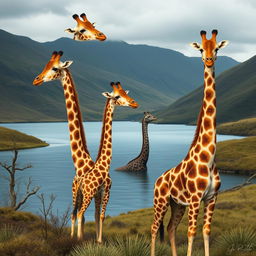 Create an imaginative scene depicting Scottish giraffes and the Loch Ness Monster, also known as Nessie