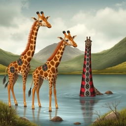 Create an imaginative scene depicting Scottish giraffes and the Loch Ness Monster, also known as Nessie