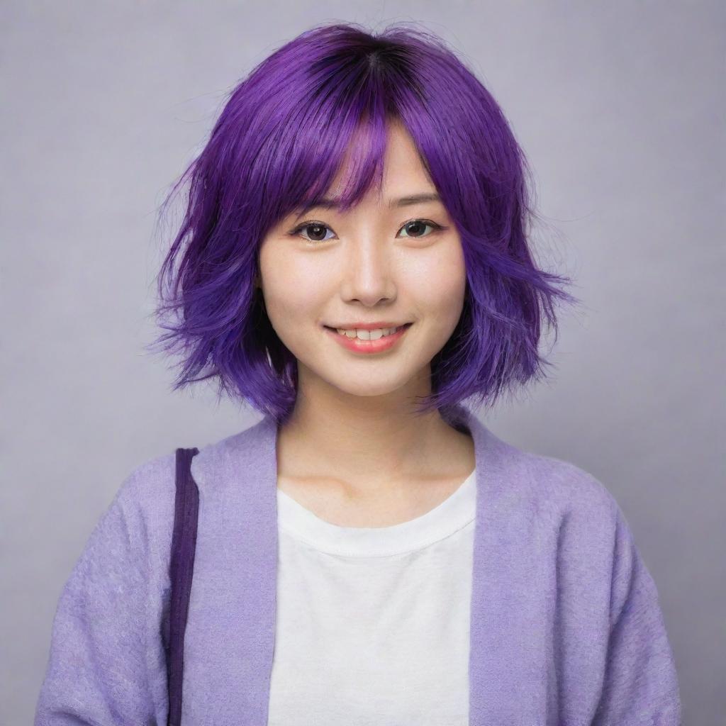 A Japanese girl named Yumi with vibrant purple hair and a gentle smile. She wears a casual outfit that matches her unique personality.