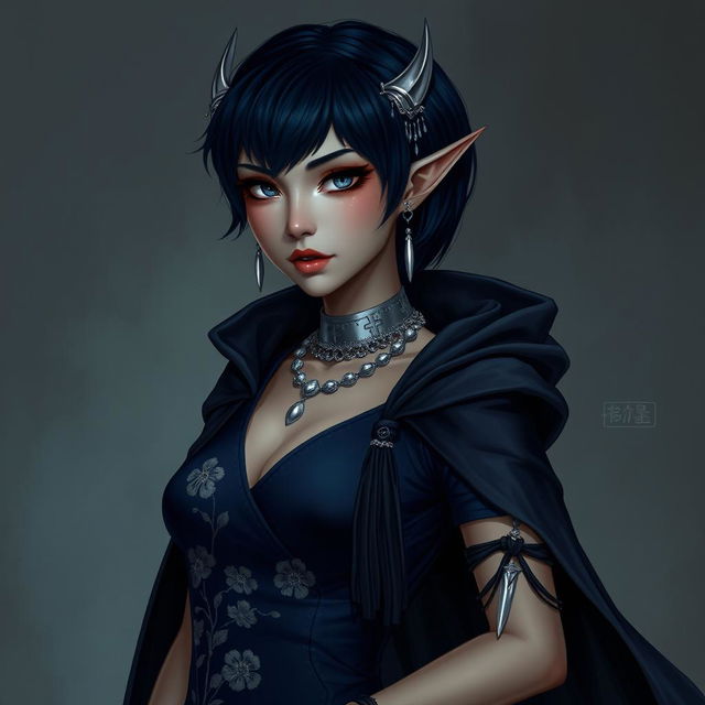 A seductive Githyanki woman with cool olive skin, Asian white eyes, long sharp pointed ears, and short dark blue hair