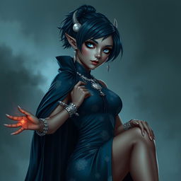 A seductive Githyanki woman with cool olive skin, Asian white eyes, long sharp pointed ears, and short dark blue hair