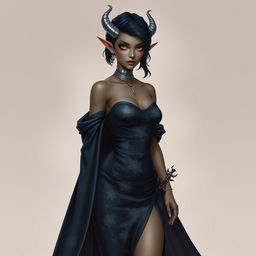 A seductive Githyanki woman with cool olive skin, Asian white eyes, long sharp pointed ears, and short dark blue hair