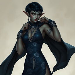 A seductive Githyanki woman with cool olive skin, Asian white eyes, long sharp pointed ears, and short dark blue hair