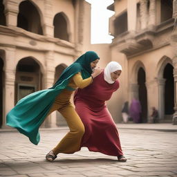 Two women in hijabs wrestling in the streets of a village in Cairo