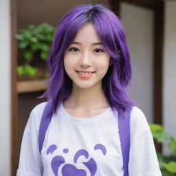 A Japanese girl named Yumi with vibrant purple hair and a gentle smile. She wears a casual outfit that matches her unique personality.